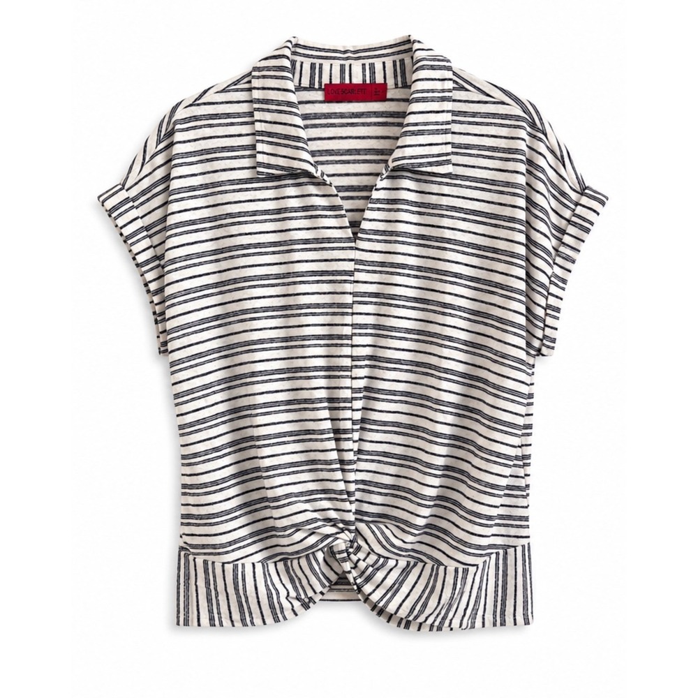 Love Scarlett Striped Twist Front Collared Knit‎ Top Navy White XL Resort Wear